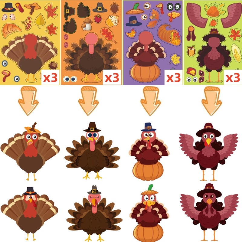 UDTAATO 36 Sheets Thanksgiving Stickers(12 Different Designs)  Thanksgiving Crafts for Kids Thanksgiving Make Your Own Turkey Stickers for Kids DIY Turkey Games Thanksgiving Fall Party Favors Supplies - Image 2